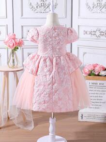 SHEIN 年輕女孩網眼提花連衣裙,裙擺上綁帶裝飾