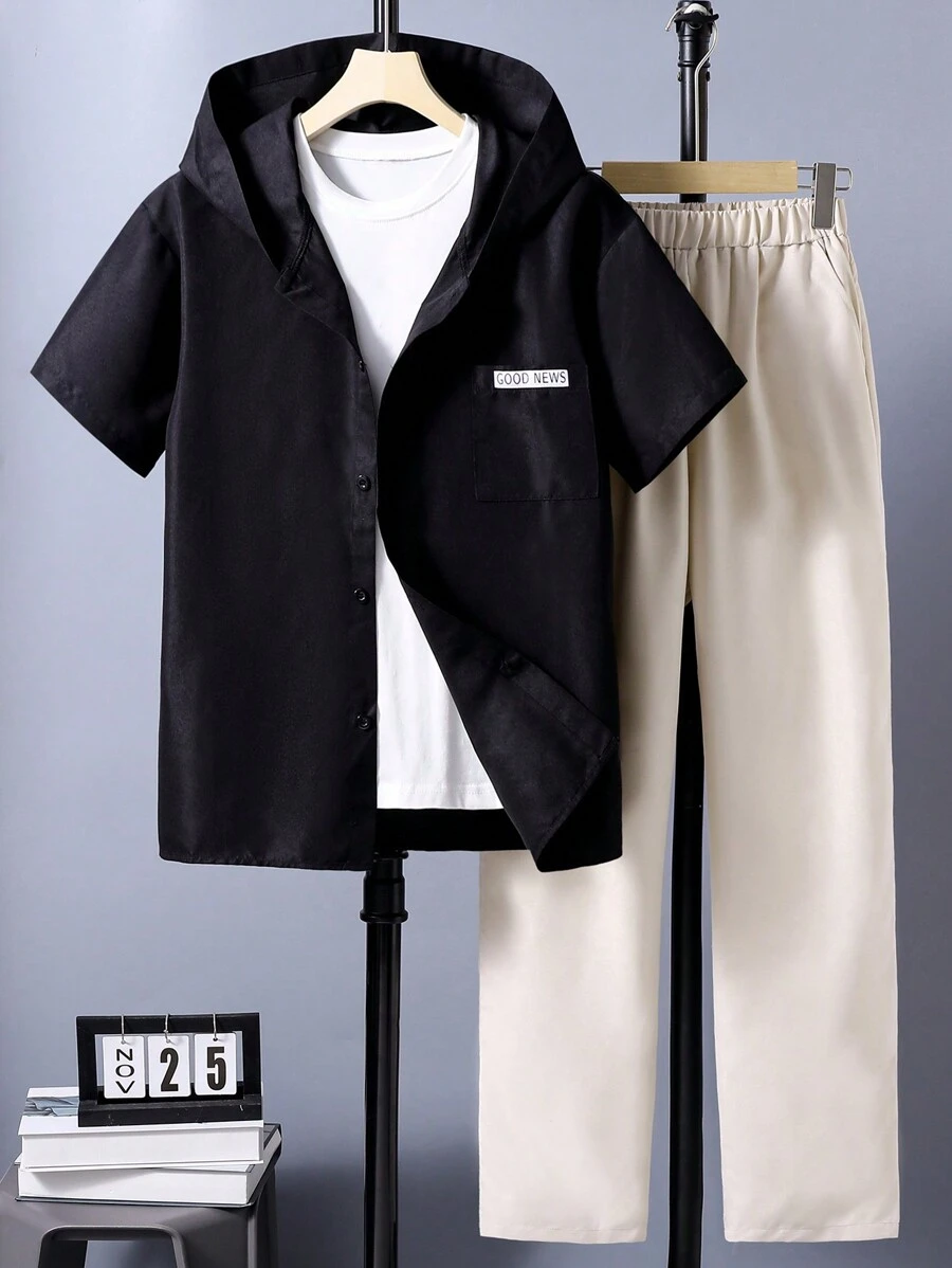 Teen Boys' Casual Hooded Shirt And Pants Set With Cool Design - Multicolor - View 1