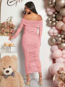 Loomaby Maternity Off Shoulder Ruched Bodycon Dress With Long Sleeve, For Baby Shower - Pink - View 2