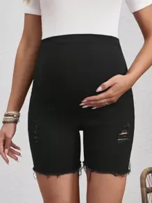 SHEIN 孕婦彈性針織面料舒適調節腰部黑色牛仔短褲