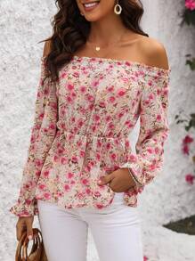 SHEIN Clasi Random Floral Printed Hollow Out Flare Sleeve Blouse - Multicolor - View 4