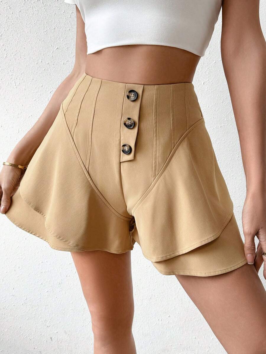SHEIN LUNE Women'S Button Front Wide Leg Shorts - Khaki - View 1