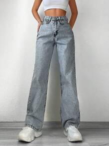 SHEIN PETITE Zipper Fly Wide Leg Jeans - Light Wash - View 4