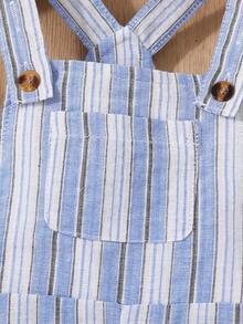 SHEIN Baby Boys' Casual Striped Overall Shorts With Suspenders, Spring & Summer, Suitable - Blue - View 4
