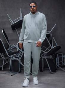 Manfinity Homme 男款大尺碼連帽運動衫和運動褲套裝,帶有羅紋飾邊 - 灰色 - 查看 6