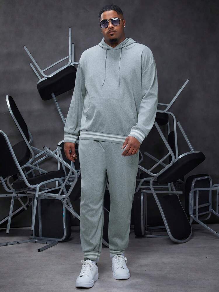Men's Plus Size Hooded Sweatshirt And Sweatpants Set With Ribbed Trim