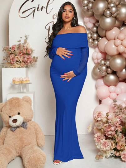Loomaby Gravida kvinnor Off-Shoulder Fishtail Baby Shower långärmad klänning för gravida