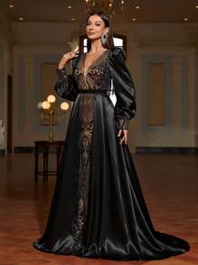 Faeriesty Plunging Neck Lantern Sleeves Sequin Formal Dress - Black - View 5