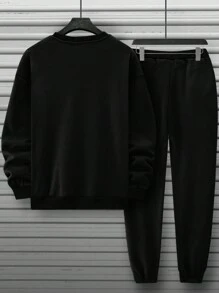 Manfinity Homme 男士圓領長袖連帽衫和運動褲套裝 - 黑色 - 查看 2