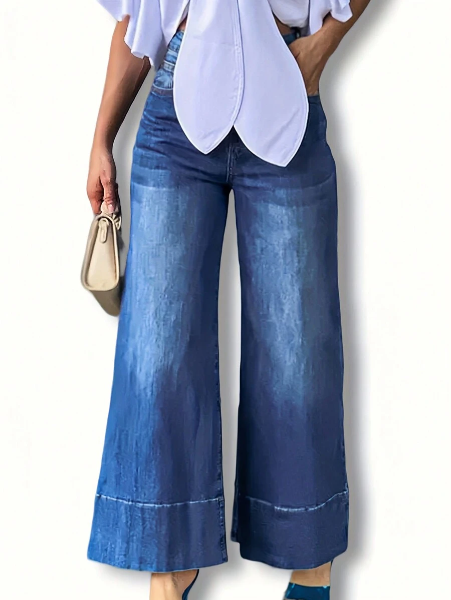 Women'S Plus Size Wide Leg Jeans With Faux Patchwork Design And Loose Fit, Spring Summer Autumn