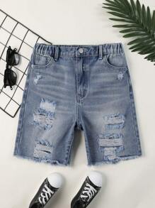 Pantalones Cortos De Mezclilla Para Niño Rasgados Y Lavados Con Agua - Azul lavado medio - Ver 1