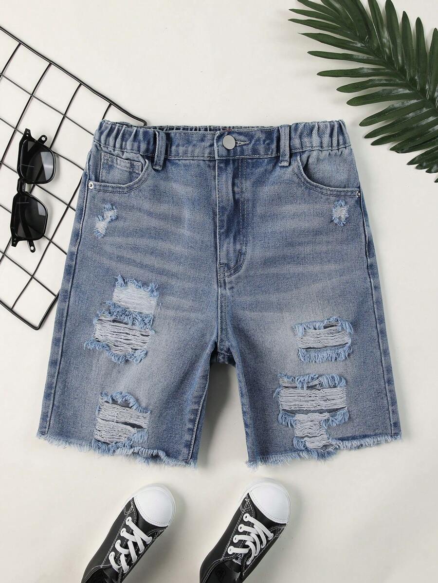 Pantalones Cortos De Mezclilla Para Niño Rasgados Y Lavados Con Agua - Azul lavado medio - Ver 1
