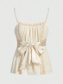 ROMWE Kawaii Của phụ nữ Búp bê Phong cách Xa ten Bowknot Buộc Kết cấu Chất vải Trang trí ren Áo ba lỗ Áo - Màu be - Xem 1