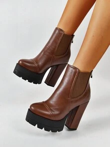 秋冬女高跟及踝長短靴黑色靴子冬季保暖短靴粗跟拉鍊後背戶外短靴 - 酒紅色 - 查看 4