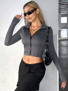 SHEIN Unity 女士直條紋拉鍊前短剪夾克 - 黑色 - 查看 5