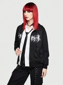 ROMWE Grunge Punk 女款開衫拉鍊連帽 - 黑色 - 查看 5