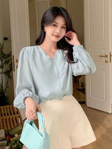 DAZY 單色褶皺長袖寬鬆v領女裝衣服 - 藍色 - 查看 6