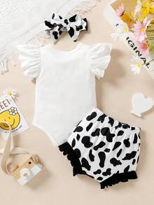 3pcs/Set Lovely Baby Girls' Letter & Cartoon Cow Pattern Printed Flounce Sleeve Jumpsuit And Front Bowknot Cow Pattern Printed Sports Shorts With Headband - Multicolor - View 2