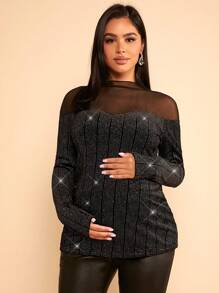 SHEIN Maternity Mesh Insert Glitter Tee - Black - View 3