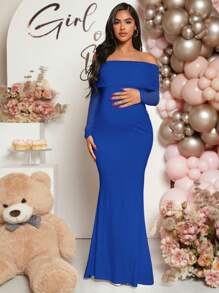 Loomaby Pregnant Women Off-Shoulder Fishtail Baby Shower Long Sleeve Dress For Maternity - Royal Blue - View 4