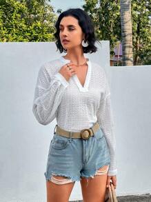 GENKIRA Blusa Bordada Com Ilhós E Gola Entalhada Para Mulheres - Branco - Ver 3