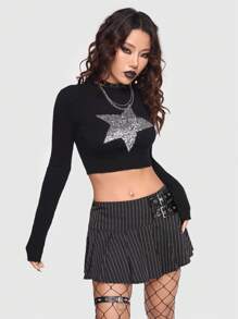 ROMWE PUNK Women's Glitter Star Pattern Long Sleeve Sweater