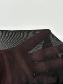 Slaydiva Sexy Summer Music Festival Mesh Sleeves Spliced ​​PU Coated Fabric Strap Front Chest Hollow Short Top - Black - View 6