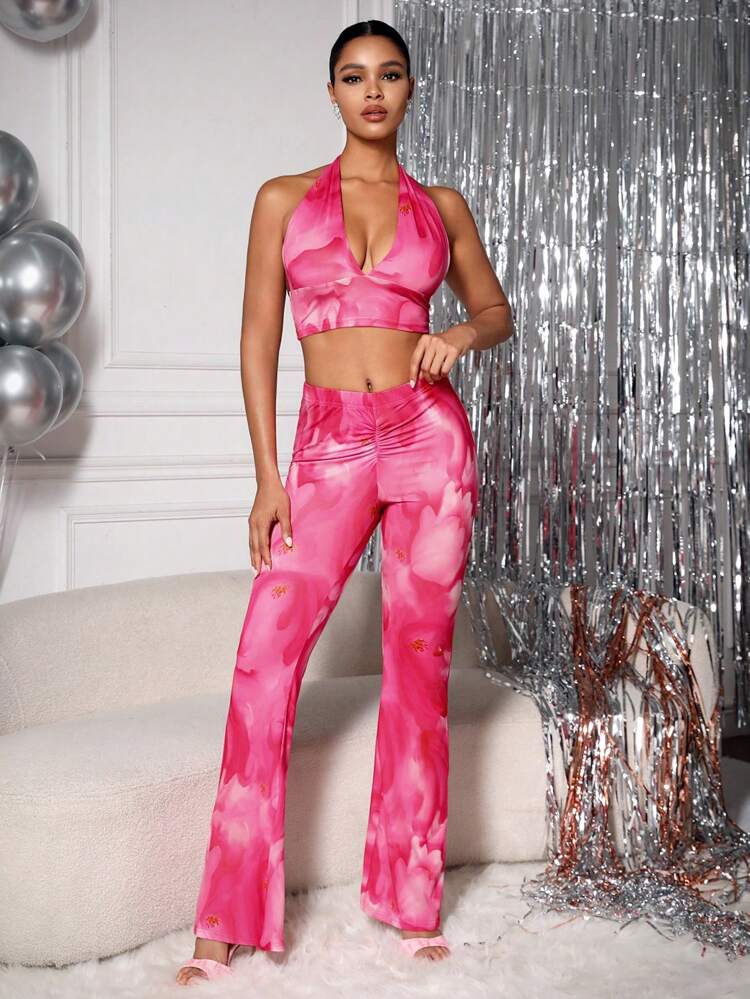 Women's Tie Dye Halter Neck Vest And Pants Set
