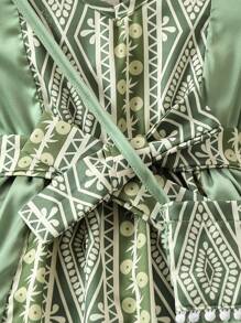Baby Girl Green Satin Geometric Pattern Print Patchwork Lace Dress With Bag Belt - Multicolor - View 4