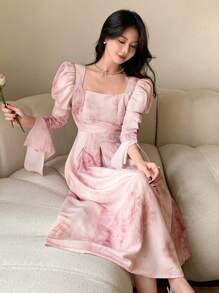 DAZY Ink-Washed A-Line Dress With Cinched Waist And Flared Sleeves Floral,Ruffle,Fall Dress