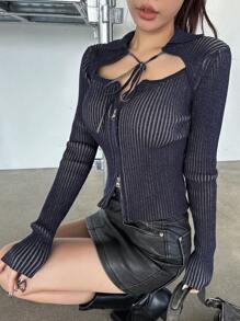 DAZY Stretchy Long Sleeve Tie Waist Zip Up Hollow Out Cardigan For Women,Long Sleeve Tops,Fall Clothes - Blue - View 7