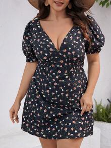 SHEIN VCAY Plus Size Kiểu dáng kỳ nghỉ ngắn Váy cổ chữ V sâu Ditsy in hoa - Nhiều màu - Xem 6