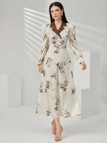 Modelyn Robe longue pour femme avec col rabattu et imprimé botanique, style blocs de couleurs