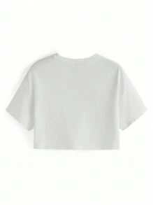 Bluomery 女士短袖短版修身t恤,圓領印有微笑臉和字母 - 白色 - 查看 3