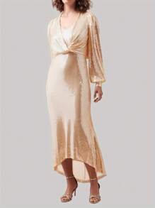 香槟色长袖扭结罩衫和吊带裙套装 - 香檳色 - 查看 1