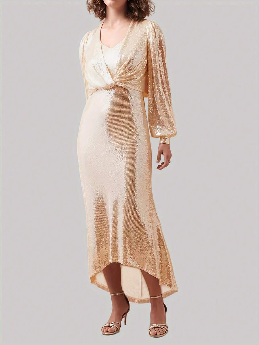 香槟色长袖扭结罩衫和吊带裙套装 - 香檳色 - 查看 1