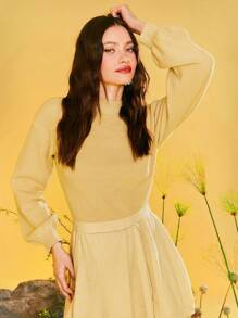 Steven Sweet Designer Lantern Long-Sleeve Stand Collar Asymmetrical Hem Knitted Elegant Sweater Dress Outfit, For Holiday, Party, Vacation, Birthday Outfits, Festival, Ibiza Fits, Wedding Prom Dress - Mustard Yellow - View 4