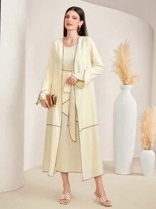 Al Najma Women'S Contrast Color Border Long Sleeve Dress Two Piece Set - Yellow - View 6