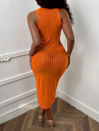 Ladies' Glitter Mesh Hollow Out High Slit Dress