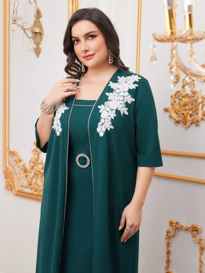 Plus Size Embroidered Mesh Splice Jacket + Dress Set 2 Piece Set