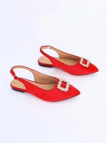 Women's Spring And Autumn New Style Flat Shoes With Rhinestones Decoration, Suedette, Pointed Toe And Chunky Heel Design - Red - View 5