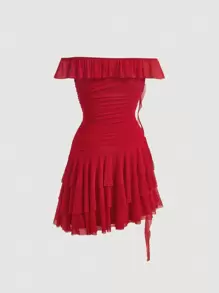 SHEIN X Jessie SHEIN MOD Quý cô 3D Hoa Off Shoulder Ruffle Thắt lưng Viền bất đối xứng Đầm - Đỏ - Xem 4