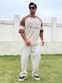 Manfinity Homme Men's Plus Size Letter & Stripe Pattern Drop Shoulder T-Shirt - Multicolor - View 6