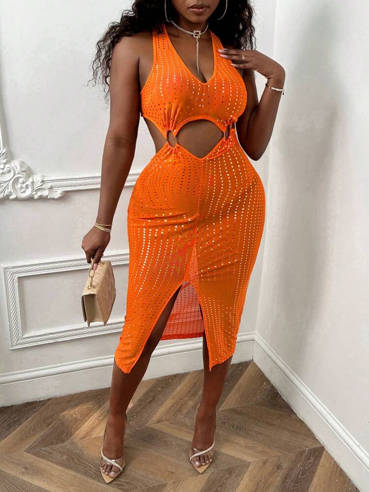 Ladies' Glitter Mesh Hollow Out High Slit Dress
