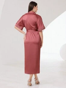 Modelyn Women's Rhinestone Button Plaid Patchwork Fleece Hem Cardigan Dress Long Evening Dresses - Pink - View 2