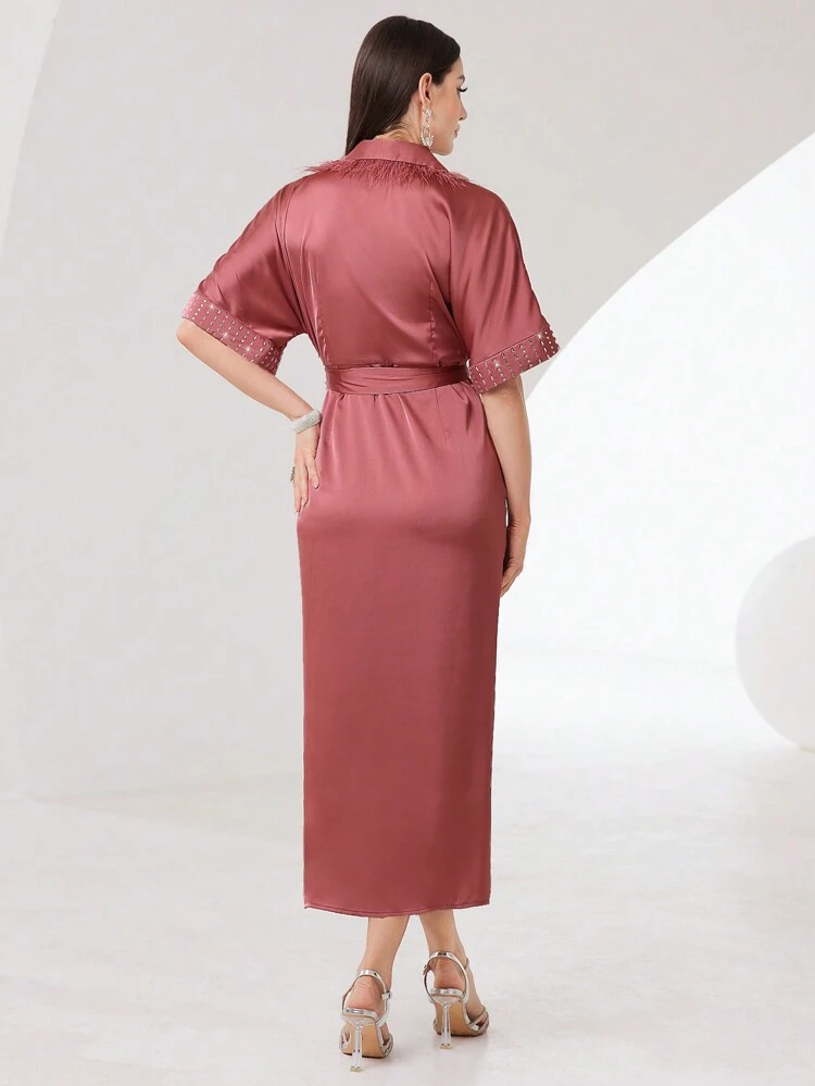 Women's Rhinestone Button Plaid Patchwork Fleece Hem Cardigan Dress Long Evening Dresses