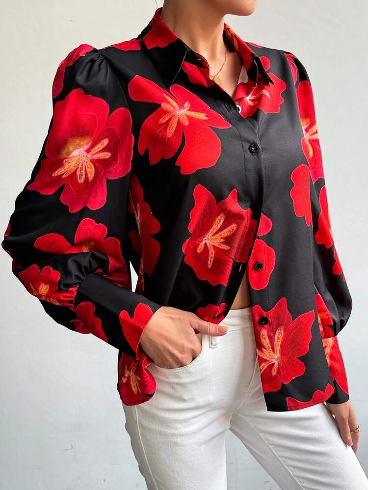 Women's Floral Printed Puff Long Sleeve Blouse Fall Cloth For Women
