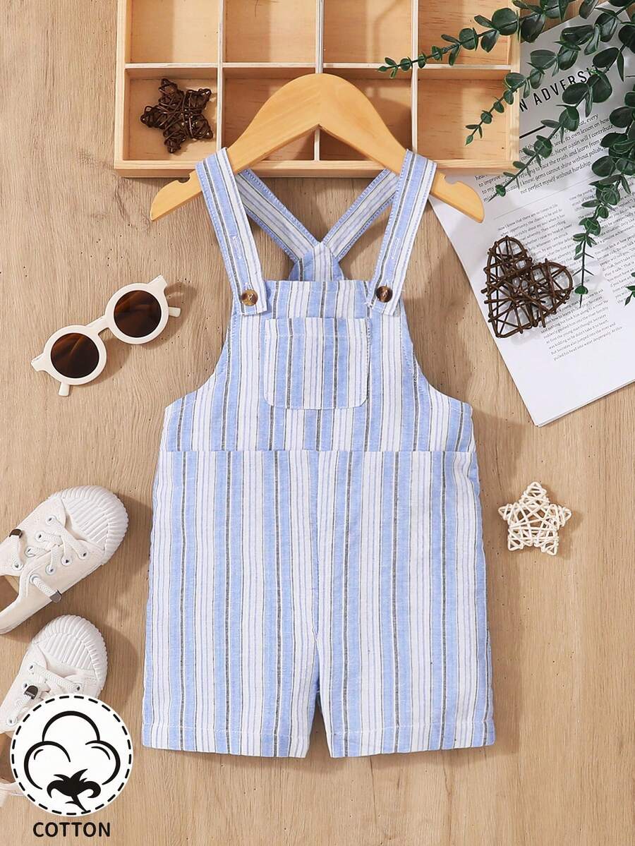 SHEIN Baby Boys' Casual Striped Overall Shorts With Suspenders, Spring & Summer, Suitable - Blue - View 1