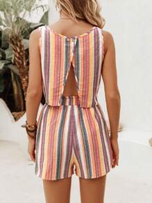 SHEIN VCAY SHEIN Của phụ nữ Sọc Không lưng Áo ba lỗ Và Quần short NỮ Hai chiếc Bộ , Hoàn hảo Đối với Kỳ nghỉ Mùa Xuân Mùa hè Quần áo - Nhiều màu - Xem 2