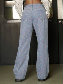 Y2K Street drăguț cu imprimeu floral cu talie înaltă buzunare înclinate Blugi largi cu picioare drepte Pantaloni casual de zi cu zi din denim - Albastru - Vizualizare 2